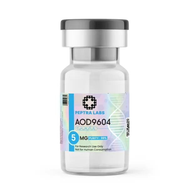 AOD9604 5mg research vial, sealed, labelled, research use only