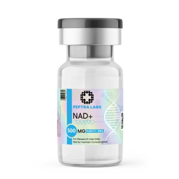 NAD+ 500 mg – flacon de composé de recherche, pureté 99 % sur l’étiquette, Peptra Labs