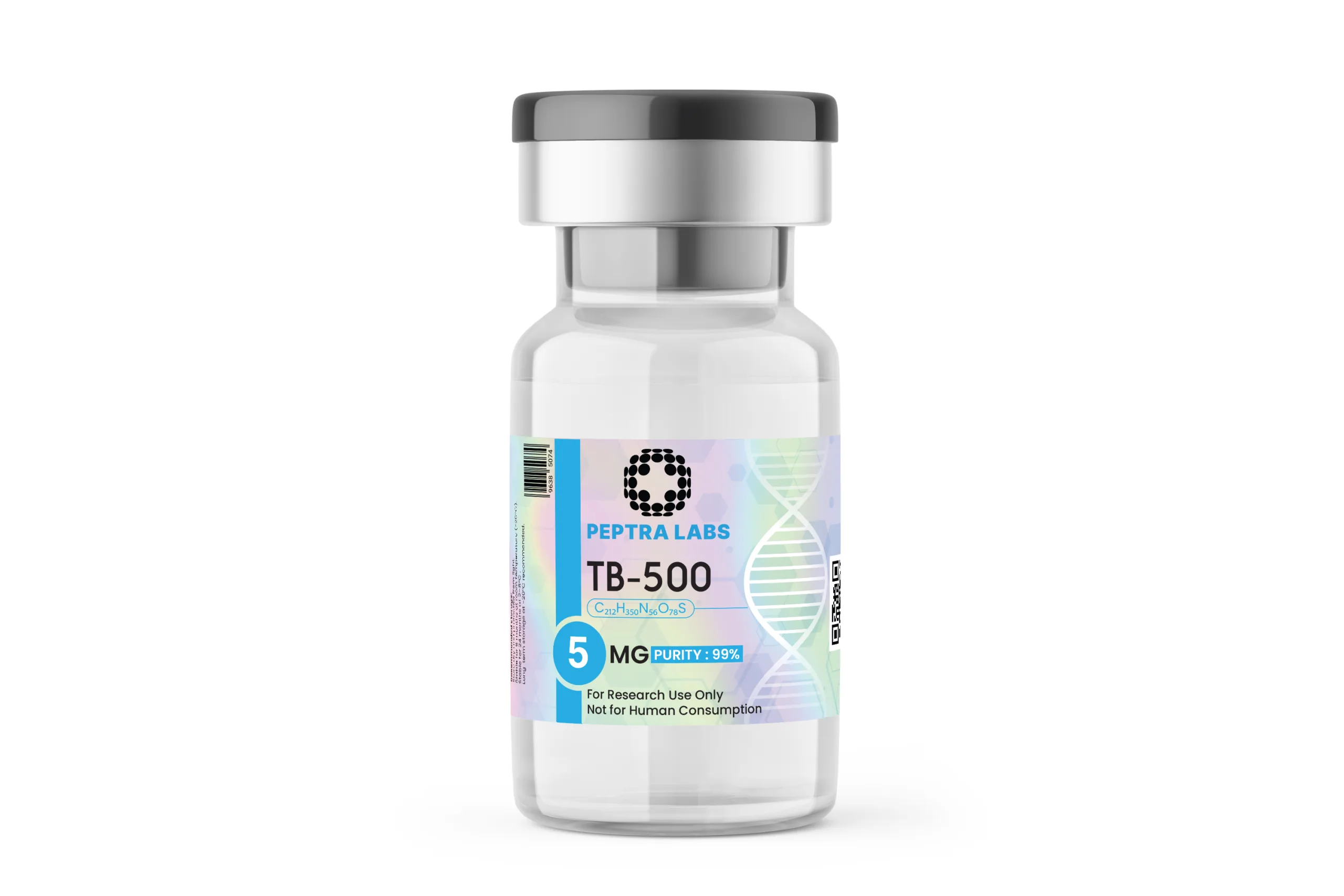 TB-500 5 mg – flacon de peptide de recherche, Peptra Labs TB-500 5 mg – flacon de peptide de recherche, pureté 99 % sur l’étiquette, Peptra Labs