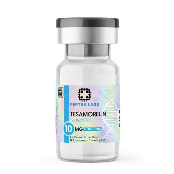 Tesamorelin 10 mg – flacon de peptide de recherche, pureté 99 % sur l’étiquette, Peptra Labs