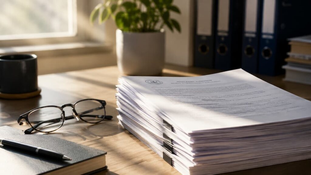 A stack of printed regulatory documents on a desk beside reading glasses and a pen, in a setting that illustrates the FDA peptide compounding review.