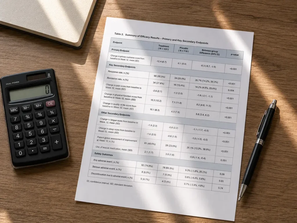 A printed table of clinical trial results and a calculator on a desk beside a pen, in a setting that illustrates a SURMOUNT post hoc analysis.
