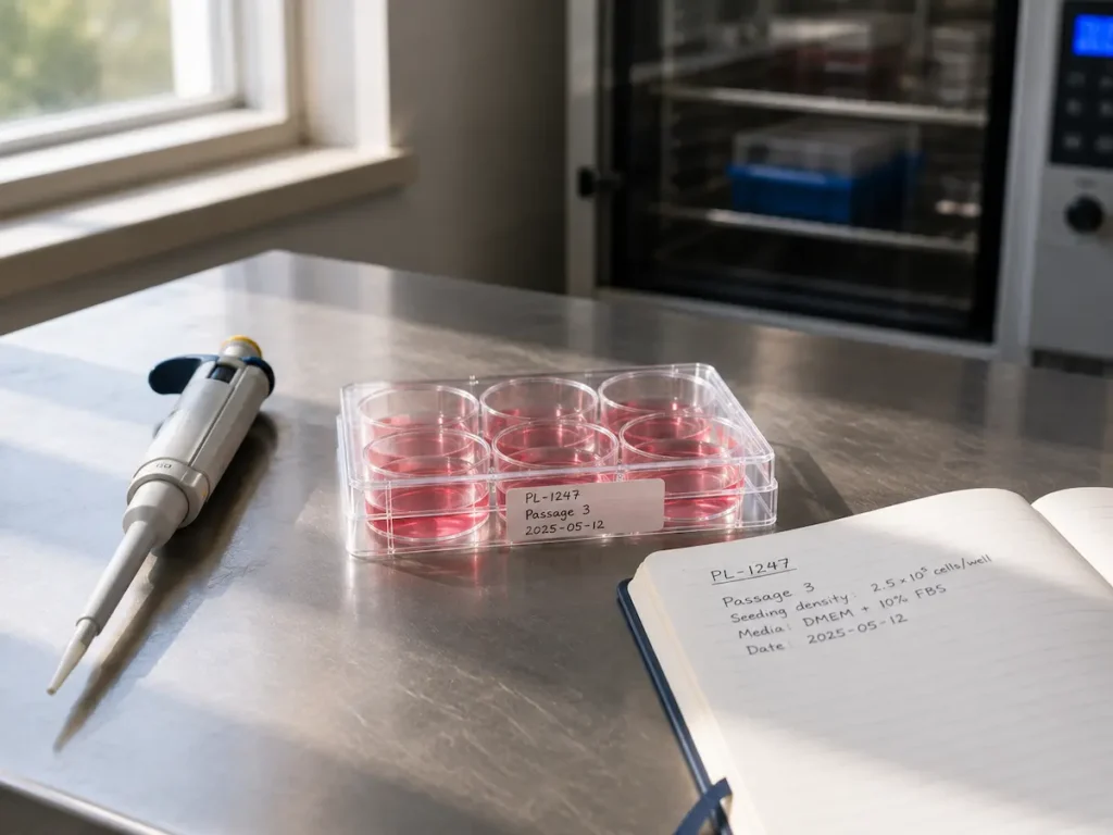 A labelled cell culture plate on a laboratory bench during a KPV peptide adipocyte differentiation experiment.