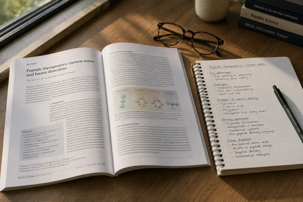 A printed review article about the MOTS-c peptide and microproteins open on a desk beside a laboratory notebook.