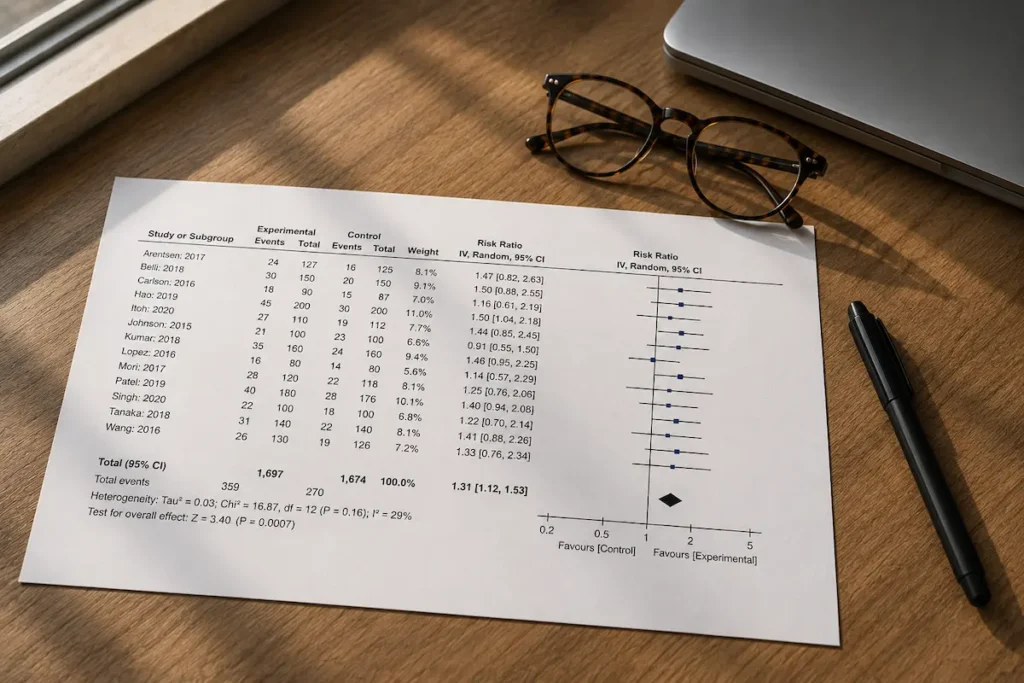 A printed forest plot from a tirzepatide meta-analysis lying on a desk beside reading glasses.