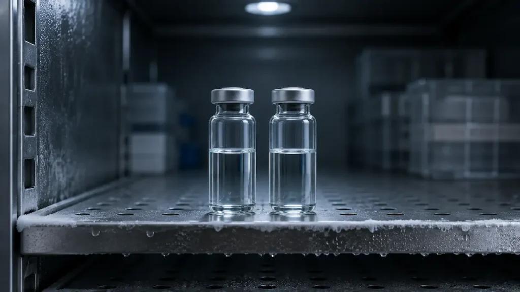 Two identical unlabelled vials side by side on a cold room shelf, standing in for the head to head tirzepatide comparison.