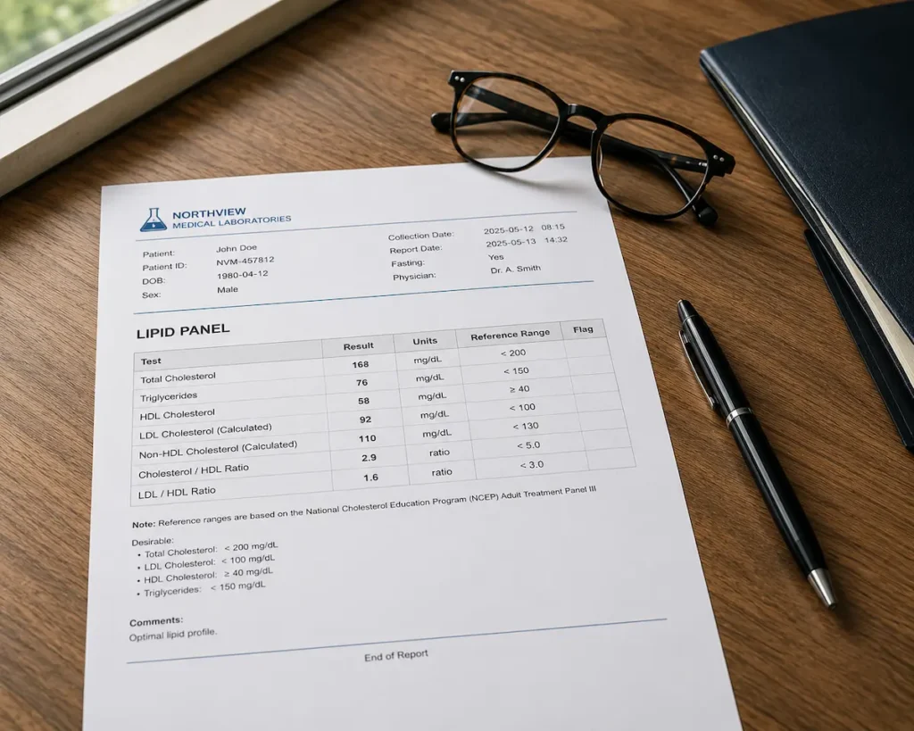 A printed lipid panel report on a desk, of the kind analysed in the retatrutide biomarker study.