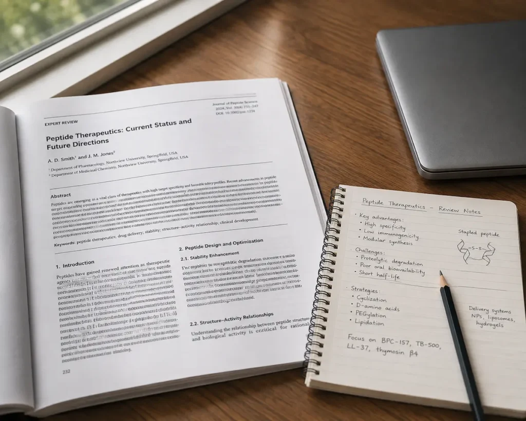 A printed review article on mitochondrial biology open on a desk beside notes on GLP-1 research.