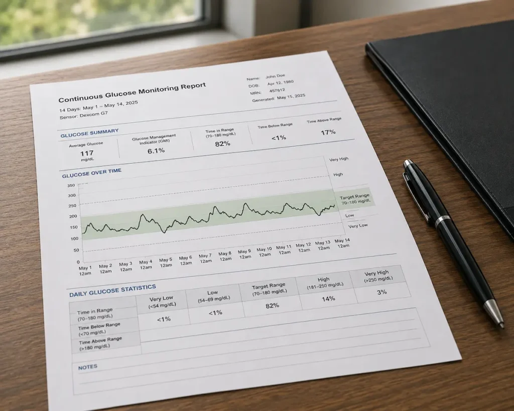 A continuous glucose monitor readout printed on a desk, of the kind used in the avexitide trial.