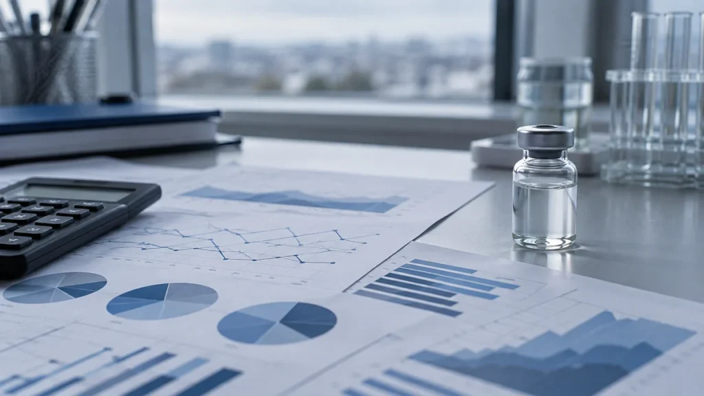 Graphiques d'essai de phase 3 du retatrutide près d'un flacon de recherche non étiqueté
