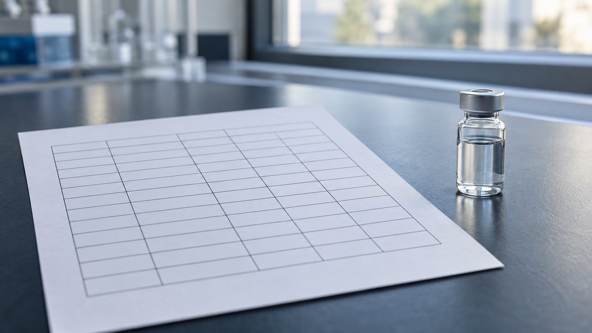 Article d'essai de phase 3 sur le retatrutide près d'un flacon de recherche non étiqueté sur une paillasse