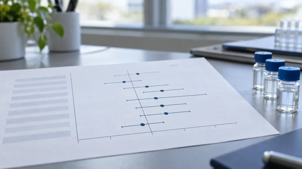 Diagramme en forêt statistique avec intervalles de confiance à côté de flacons de recherche