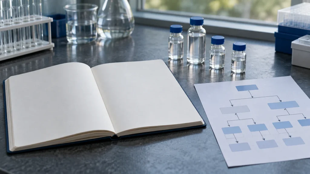 Diagramme de déroulement d'essai du retatrutide près d'un carnet de laboratoire et de flacons