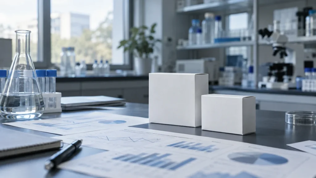 Deux contenants de recherche non étiquetés et des graphiques comparatifs sur une paillasse de laboratoire