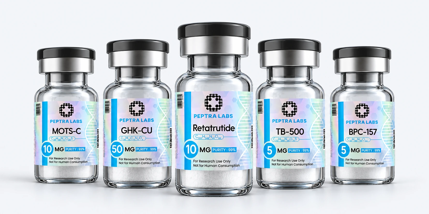 Flacons de peptides de recherche Peptra Labs : Retatrutide, MOTS-c, GHK-Cu, TB-500 et BPC-157