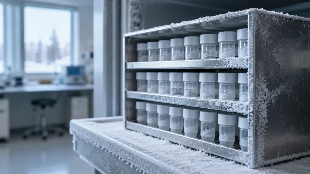 Flacons de recherche dans un congélateur de laboratoire