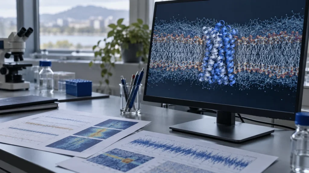 Simulation d'une protéine membranaire sur un écran de laboratoire