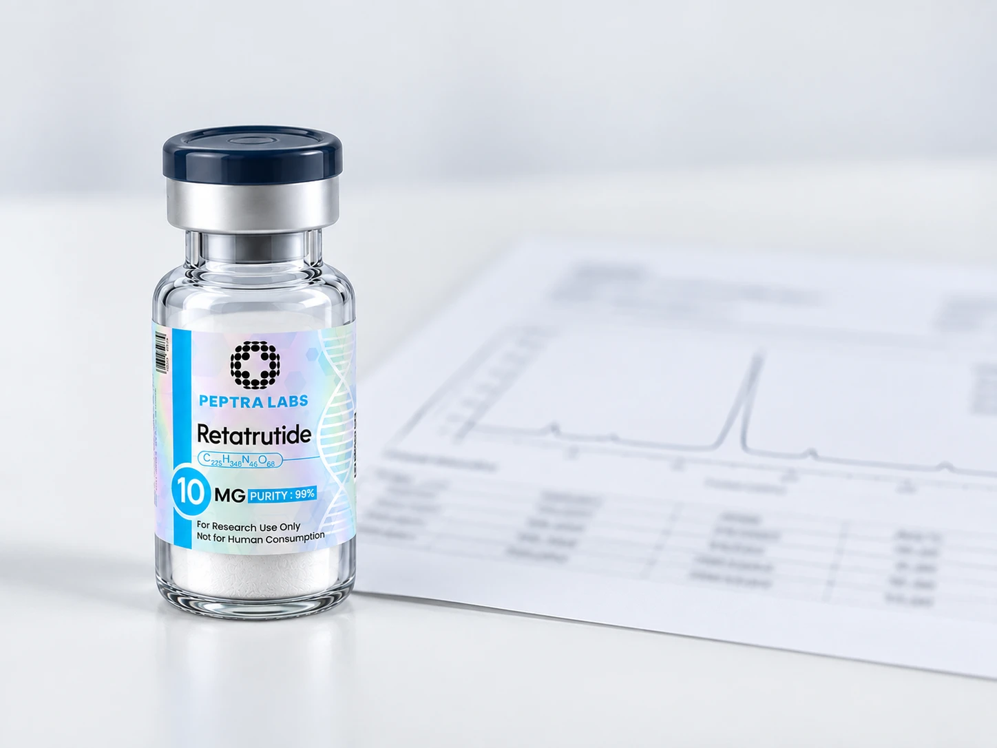 Flacon de Retatrutide à côté d’un rapport d’analyse HPLC